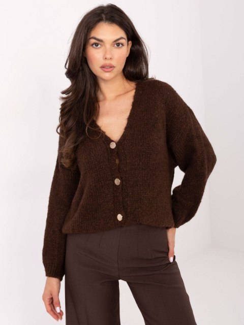 Brązowy Rozpinany Sweter Oversize z Domieszką Wełny