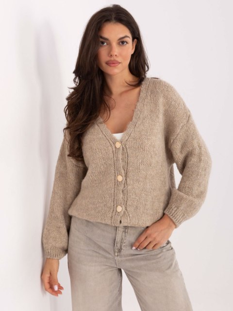 Beżowy Rozpinany Sweter Oversize z Domieszką Wełny