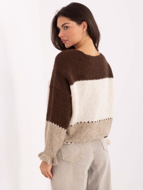 Rozpinany Sweter Oversize w Paski z Falbaną brązowy