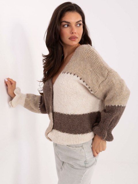 Rozpinany Sweter Oversize w Paski z Falbaną beżowy