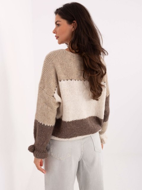 Rozpinany Sweter Oversize w Paski z Falbaną beżowy