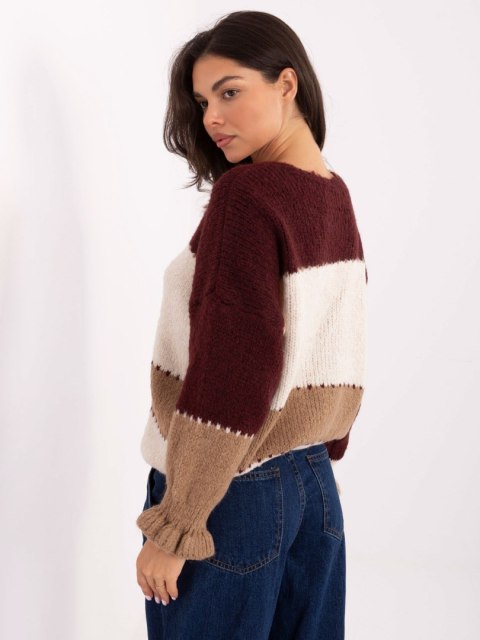 Rozpinany Sweter Oversize w Paski z Falbaną bordowy