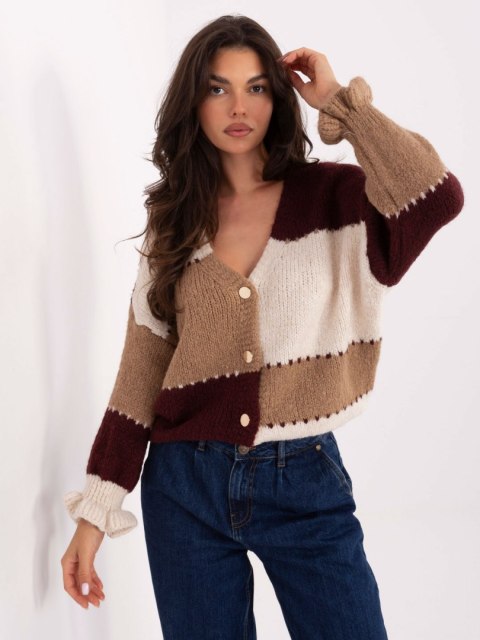Rozpinany Sweter Oversize w Paski z Falbaną bordowy