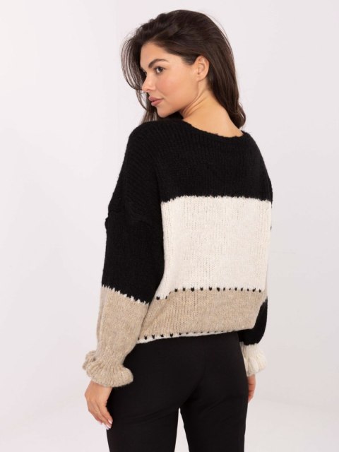 Rozpinany Sweter Oversize w Paski z Falbaną Czarny