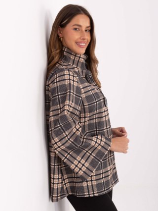 Jasnobeżowo-Czarny Krótki Płaszcz w Kratę ze Stójką IT-PL-31820-2.21P
