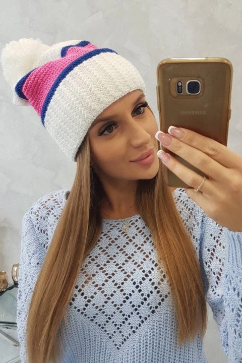 Czapka damska Kinga K297 biały+chabrowy+jasny różowy