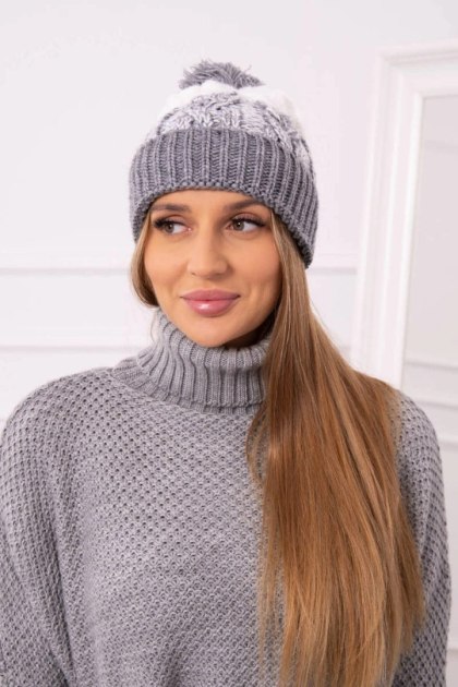 Czapka damska z pomponem Abigail K326 szary+biały