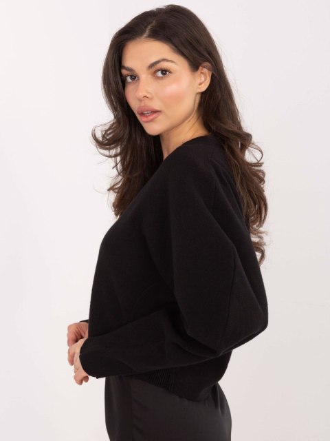 Czarny Elegancki Sweter z Rayonem i Bufiastymi Rękawami