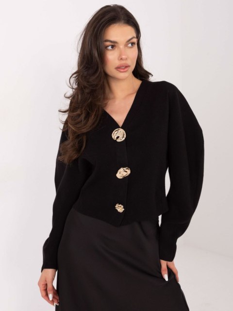 Czarny Elegancki Sweter z Rayonem i Bufiastymi Rękawami