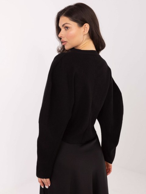 Czarny Elegancki Sweter z Rayonem i Bufiastymi Rękawami