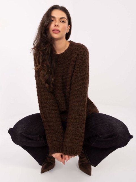 Brązowy Damski Sweter o Waflowym Splocie