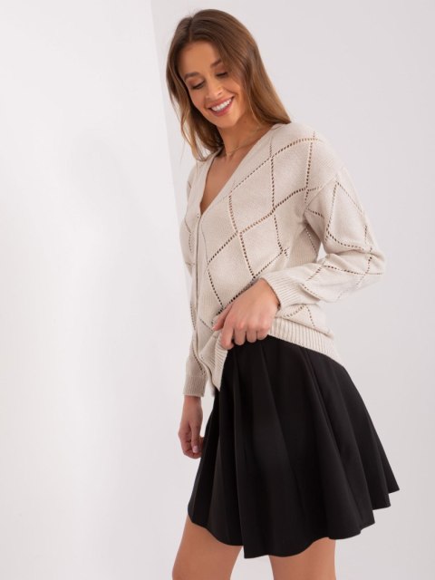 Beżowy Rozpinany Sweter Ażurowy Oversize z Wełną