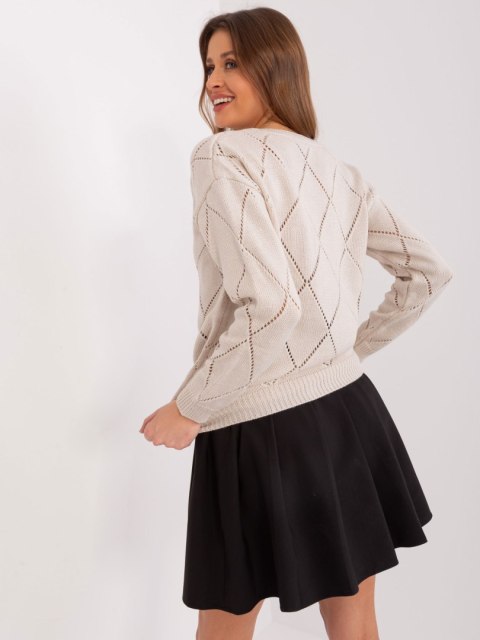Beżowy Rozpinany Sweter Ażurowy Oversize z Wełną