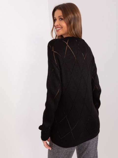 Czarny Rozpinany Sweter Ażurowy Oversize z Wełną