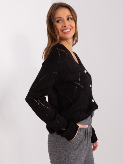 Czarny Rozpinany Sweter Ażurowy Oversize z Wełną