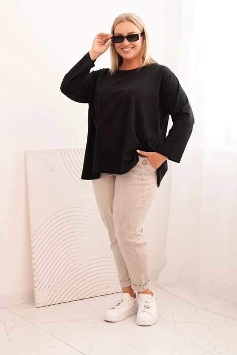Bluzka damska plus size z bawełną z długim rękawem i marszczeniem czarna