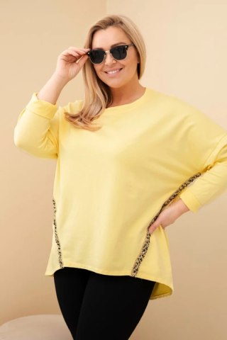Bluzka damska Plus Size bawełniana z podwijanym rękawem i lampasem w panterkę żółty