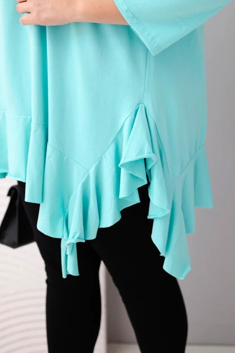 Bluzka damska Plus Size z bawełną z falbaną i rękawem podwijanym miętowa