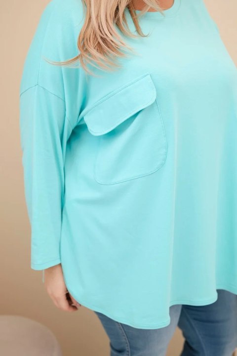 Bluzka damska Plus Size z bawełną z kieszenią i rękawem podwijanym miętowa