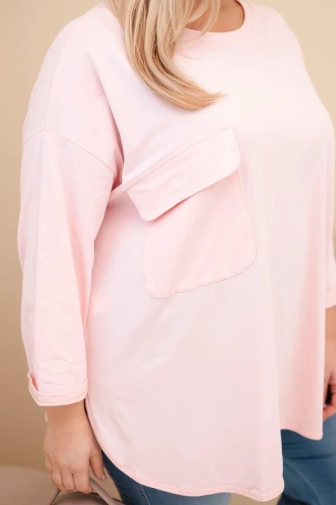 Bluzka damska Plus Size z bawełną z kieszenią i rękawem podwijanym pudrowy róż