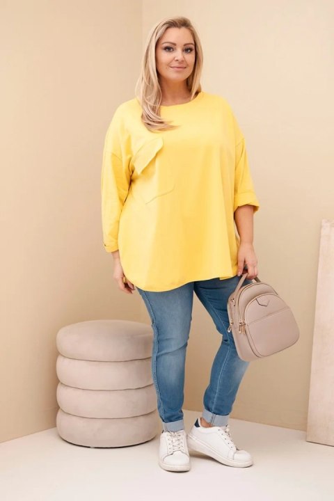 Bluzka damska Plus Size z bawełną z kieszenią i rękawem podwijanym żółta
