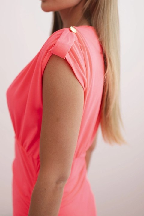 Nowoczesna neonowa sukienka damska z wiskozy z wysmuklającym dekoltem V i marszczeniem