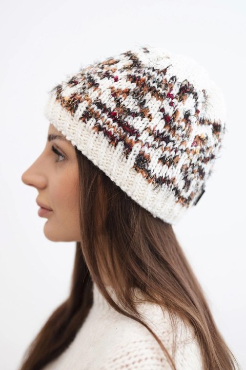 Czapka damska wełniana zimowa z norweskim wzorem K354 ecru+rudy
