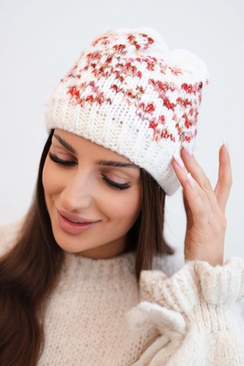 Czapka damska zimowa w kolorowe wzory z grubym ściągaczem K353 biały+czerwony