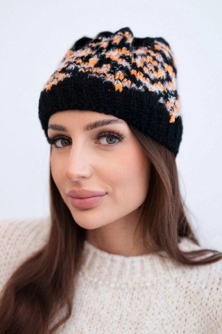 Czapka damska zimowa w kolorowe wzory z grubym ściągaczem K353 czarny+pomarańczowy