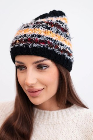 Czapka damska zimowa z kolorową przędzą i elastycznym ściągaczem K352 czarny+pomarańczowy neon