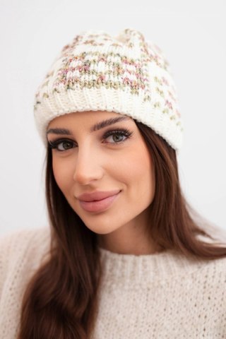 Czapka zimowa damska z kolorową przędzą i grubym ściągaczem K355 ecru+khaki+ciemny różowy