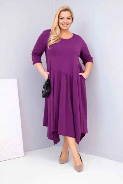 Sukienka damska bawełniana Plus Size z asymetrycznym dołem ciemno fioletowa