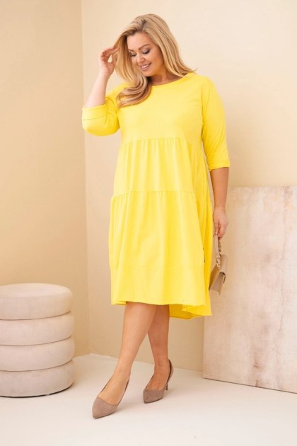 Sukienka damska bawełniana Plus Size z falbanami i podwiniętym rękawem żółta