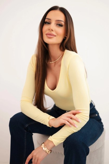 Bluzka damska z dekoltem V z długim rękawem żółta