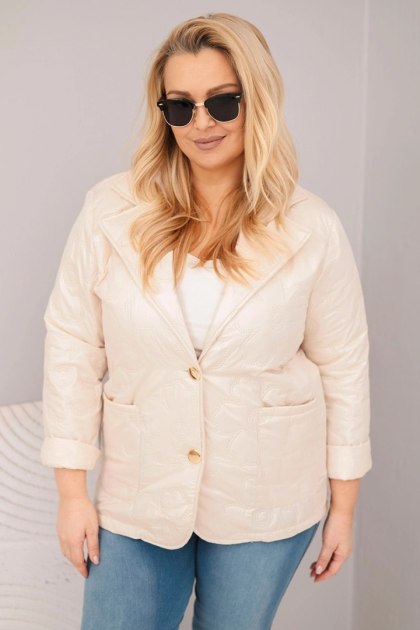 Kurtka damska Plus Size pikowana w kwiaty z kołnierzem i kieszeniami beżowa