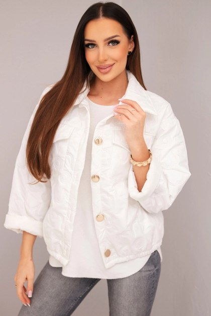 Kurtka damska wiosenna pikowana z kwiatowym wzorem biała