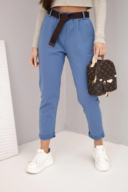 Spodnie damskie bawełniane z paskiem i podwijaną nogawką jeansowe
