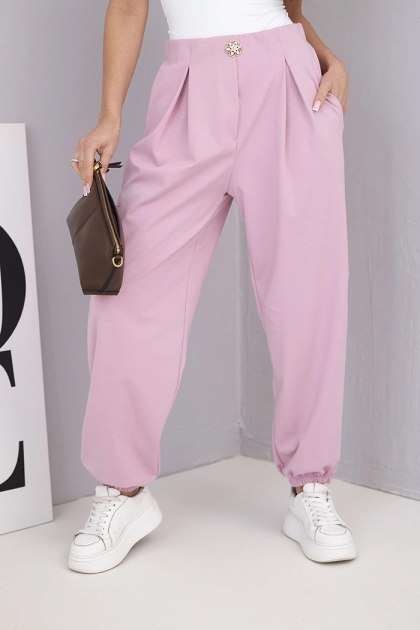 Spodnie damskie bawełniane z wysokim stanem i ozdobnym guzikiem ciemno różowe