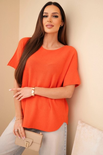 Sweter damski z krótkim rękawem o luźnym kroju pomarańczowy
