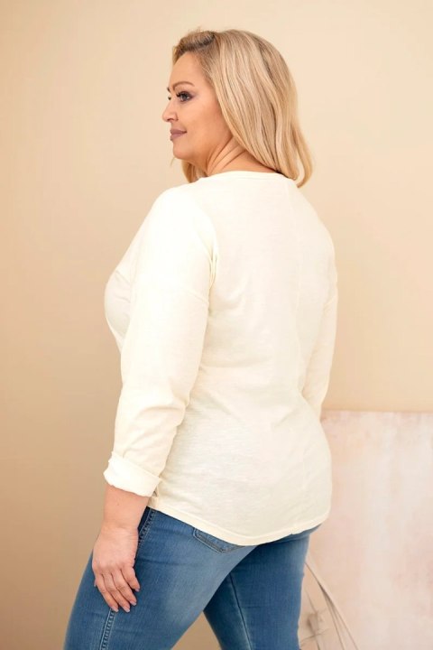 Bluzka damska Plus Size przecierana z nadrukiem i dłuższym tyłem żółta