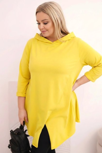 Bluzka damska bawełniana Plus Size asymetryczna z podwijanym rękawem żółta