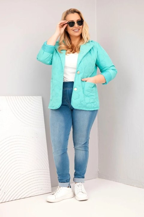 Miętowa kurtka damska Plus Size pikowana w kwiaty z kołnierzem