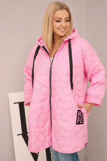 Kurtka damska Plus Size pikowana z kapturem i napisem HOPE jasno różowa