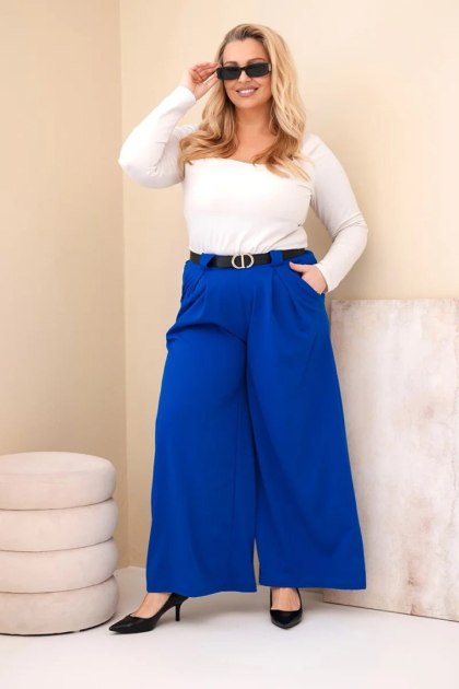 Spodnie damskie Plus Size wiskozowe z szeroką nogawką i paskiem chabrowe