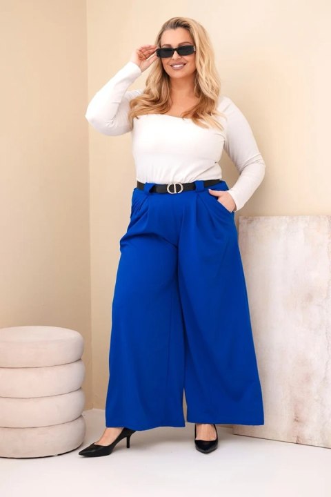 Eleganckie chabrowe spodnie damskie Plus Size z szeroką nogawką i biżuteryjnym paskiem