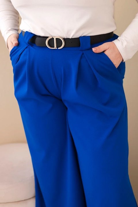 Spodnie damskie Plus Size wiskozowe z szeroką nogawką i paskiem chabrowe