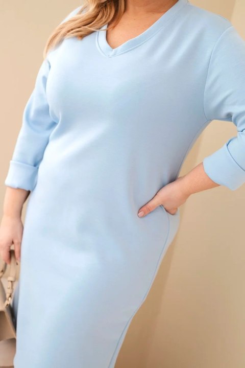 Sukienka damska Plus Size masełkowa z dekoltem V i rękawem niebieska