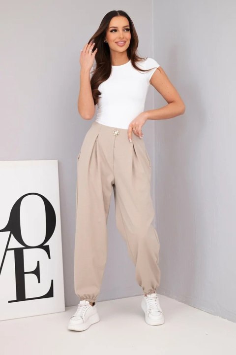 Spodnie damskie bawełniane z wysokim stanem i ozdobnym guzikiem ciemno beżowe