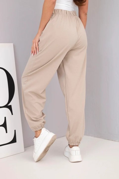 Spodnie damskie bawełniane z wysokim stanem i ozdobnym guzikiem ciemno beżowe