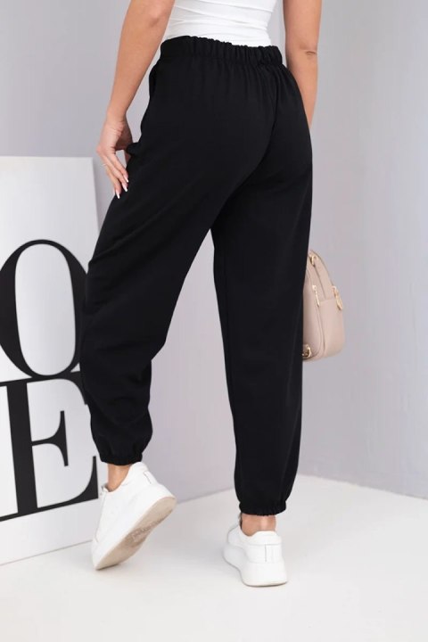 Spodnie damskie bawełniane z wysokim stanem i ozdobnym guzikiem czarne